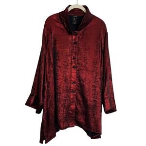 Ali Miles Tunic Top 2X Red Shiny Asymmetric Black Toggle Buttons Artsy Lagenlook